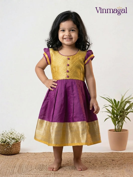 yellow violet silk frock for girls kids party traditional wear