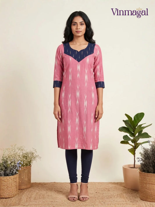 baby pink ikkat cotton kurti for women soft breathable ethnic wear
