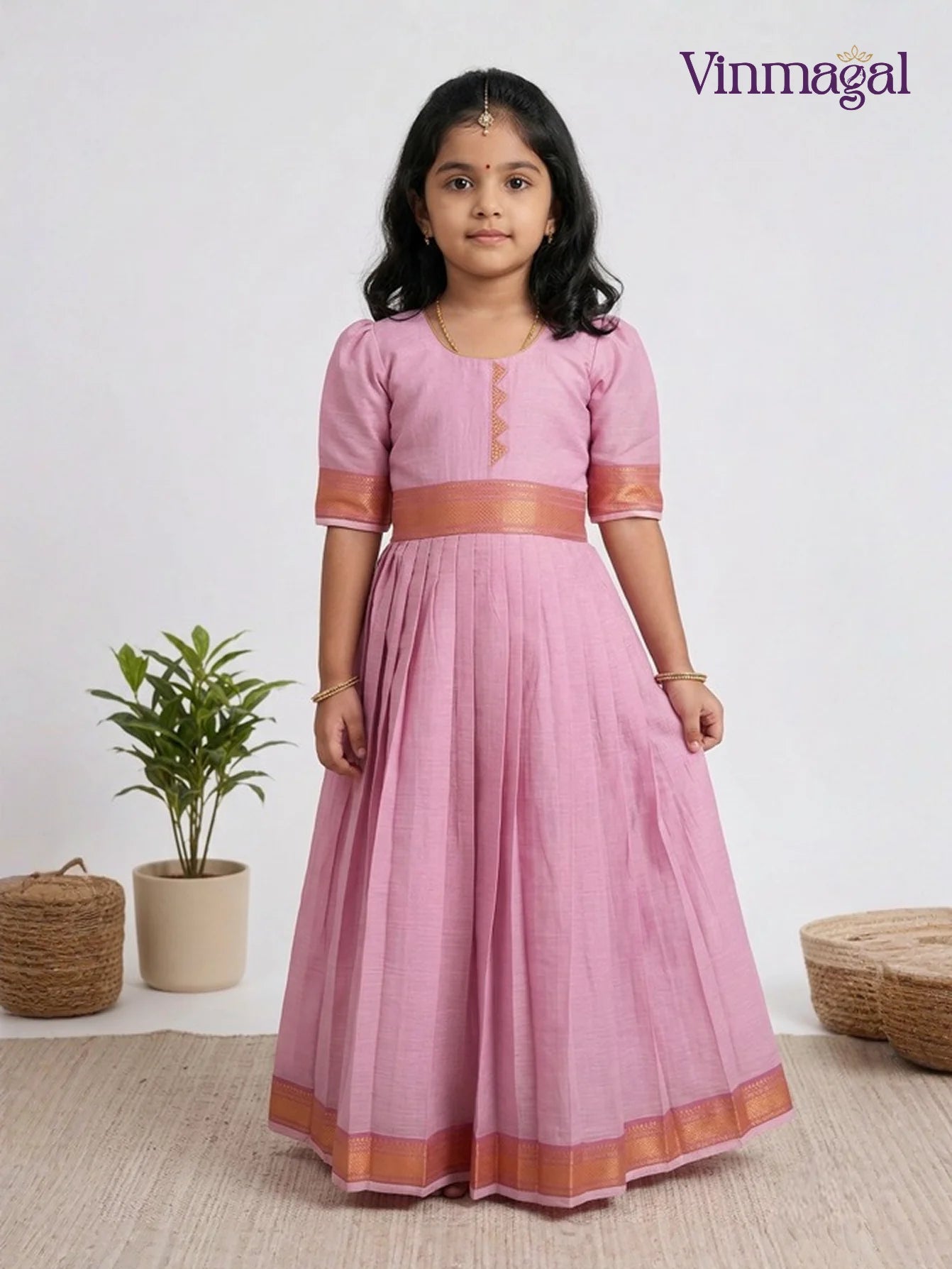 baby pink pure cotton long gown for girls in soft breathable fabric