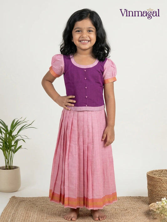 baby pink and magenta pure cotton pavadai for kids in traditional skirt style