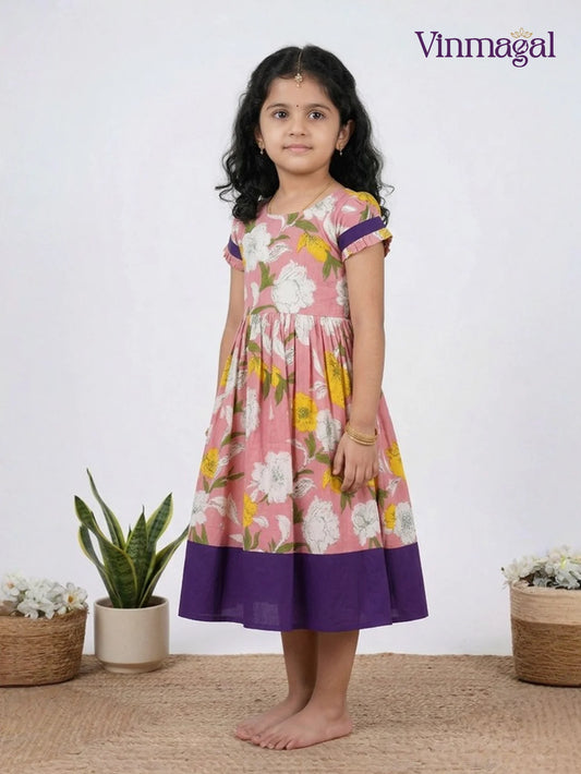 baby pink and violet soft cotton long gown for kids suitable for everyday wear