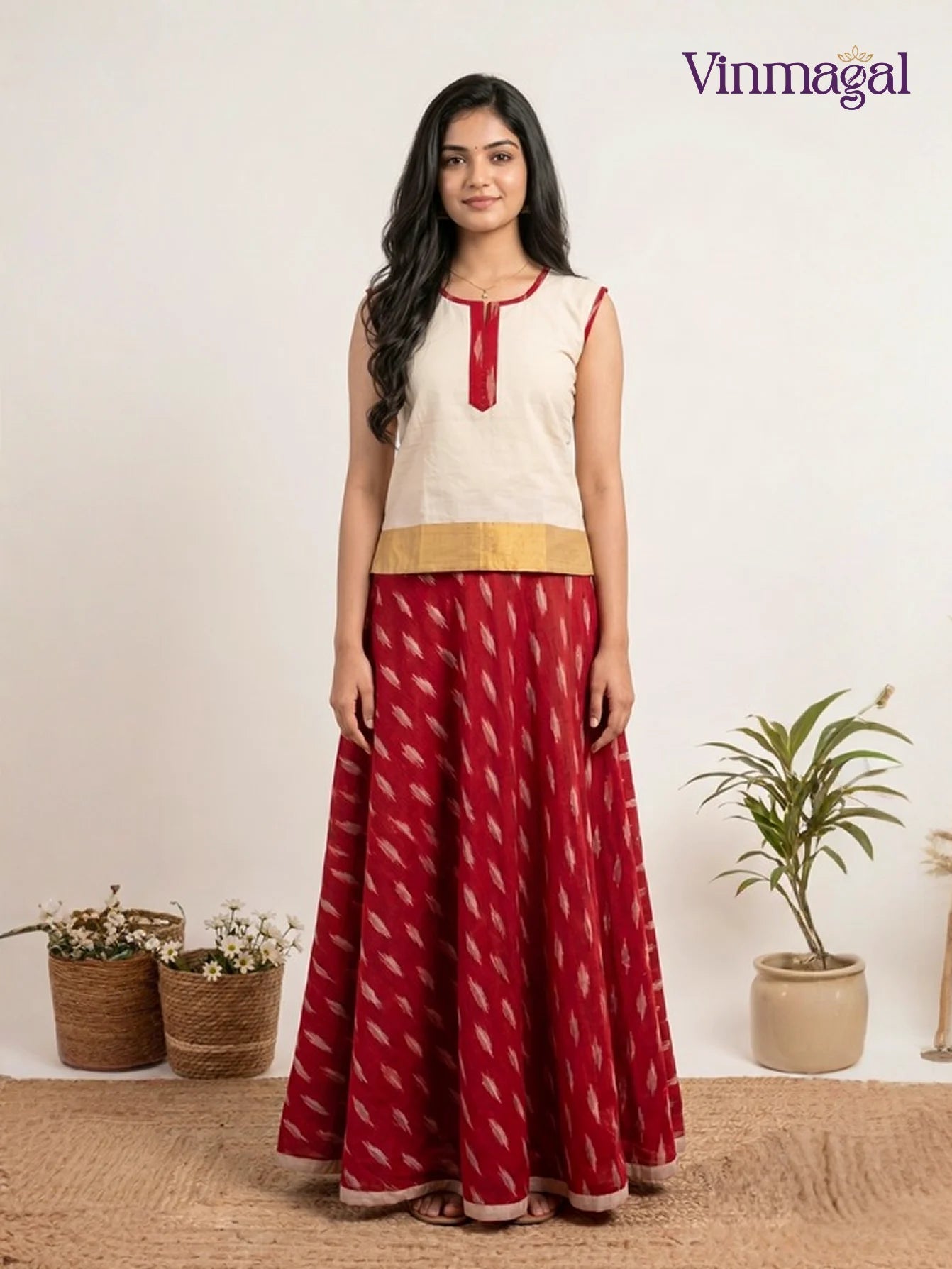 beige red cotton pavadai sattai girls traditional dress