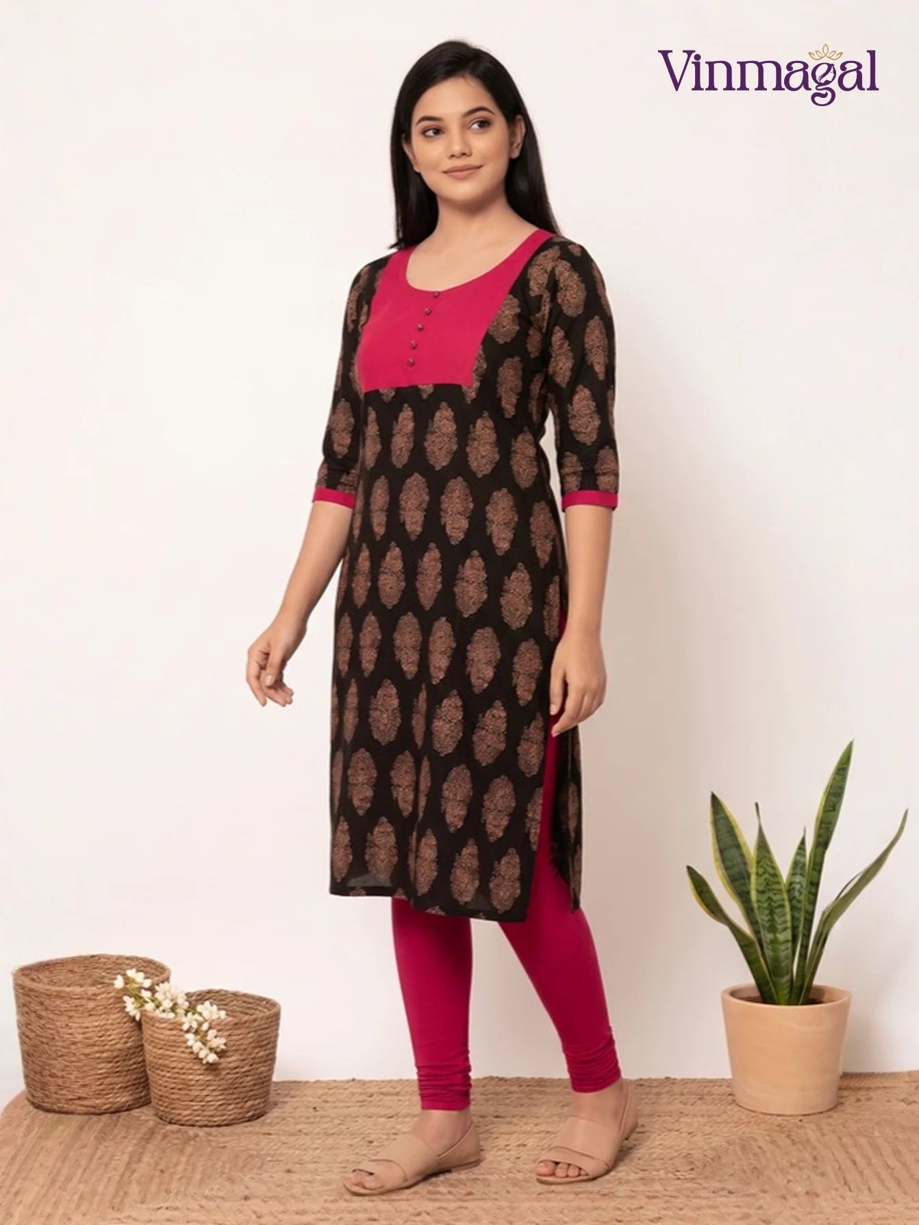Black and pink Jaipur cotton printed kurti for women