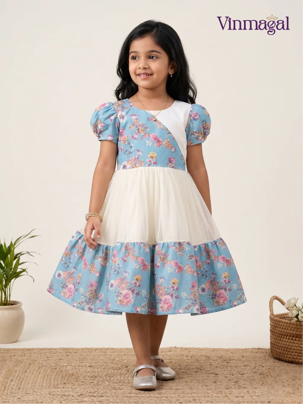 Blue floral and cream girls party wear dress with puff sleeves kids ethnic frock for birthdays festive occasions and family celebrations