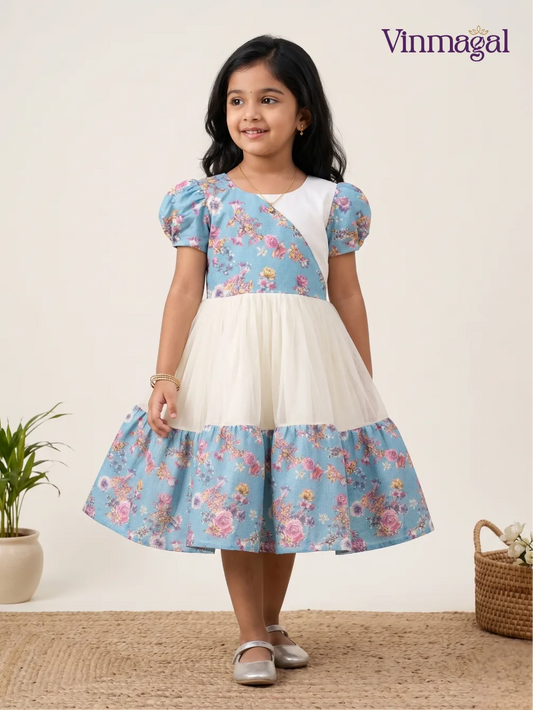 Blue floral and cream girls party wear dress with puff sleeves kids ethnic frock for birthdays festive occasions and family celebrations