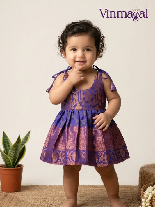 Blue and golden silk frock for girls premium festive party wear dress