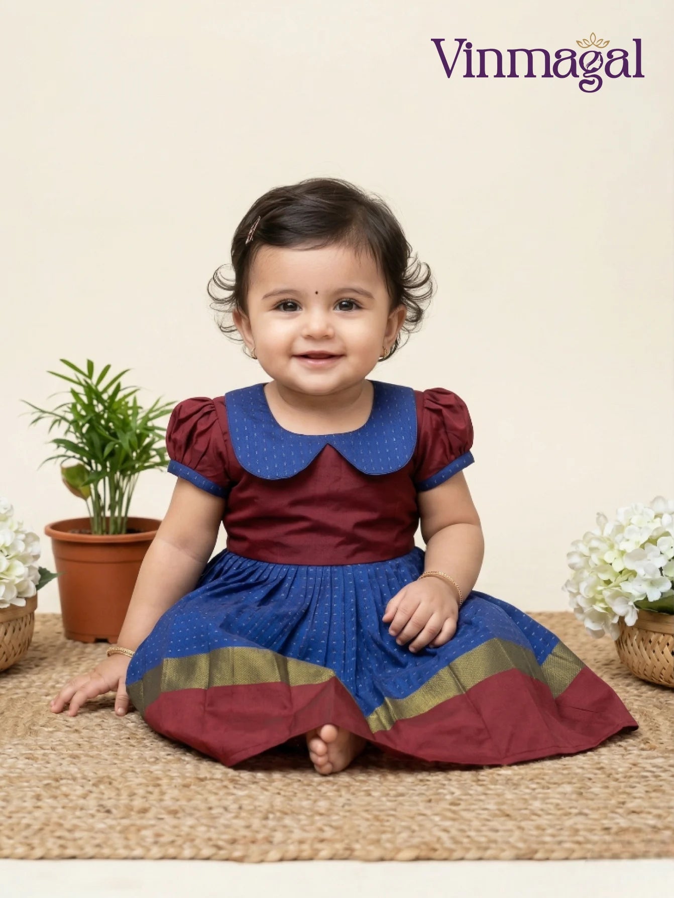 Blue and maroon silk cotton frock for girls festive party wear kids dress