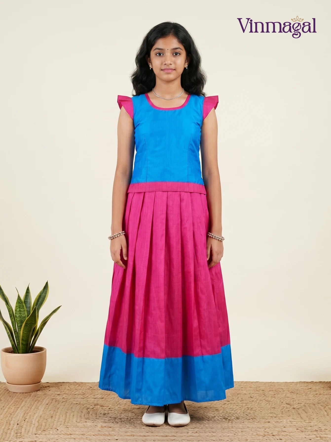 blue and pink semi silk pattu pavadai for girls traditional ethnic wear