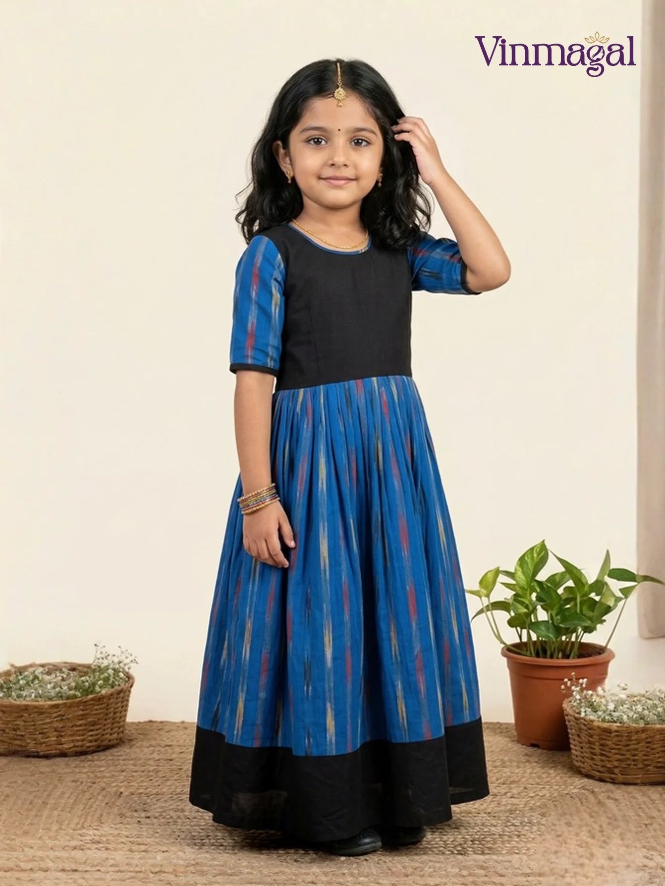 blue and black pure cotton long gown for kids with comfortable ethnic design