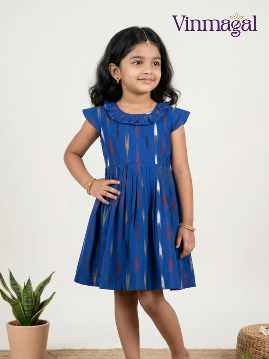 blue ikkat cotton frock for girls designed for casual wear