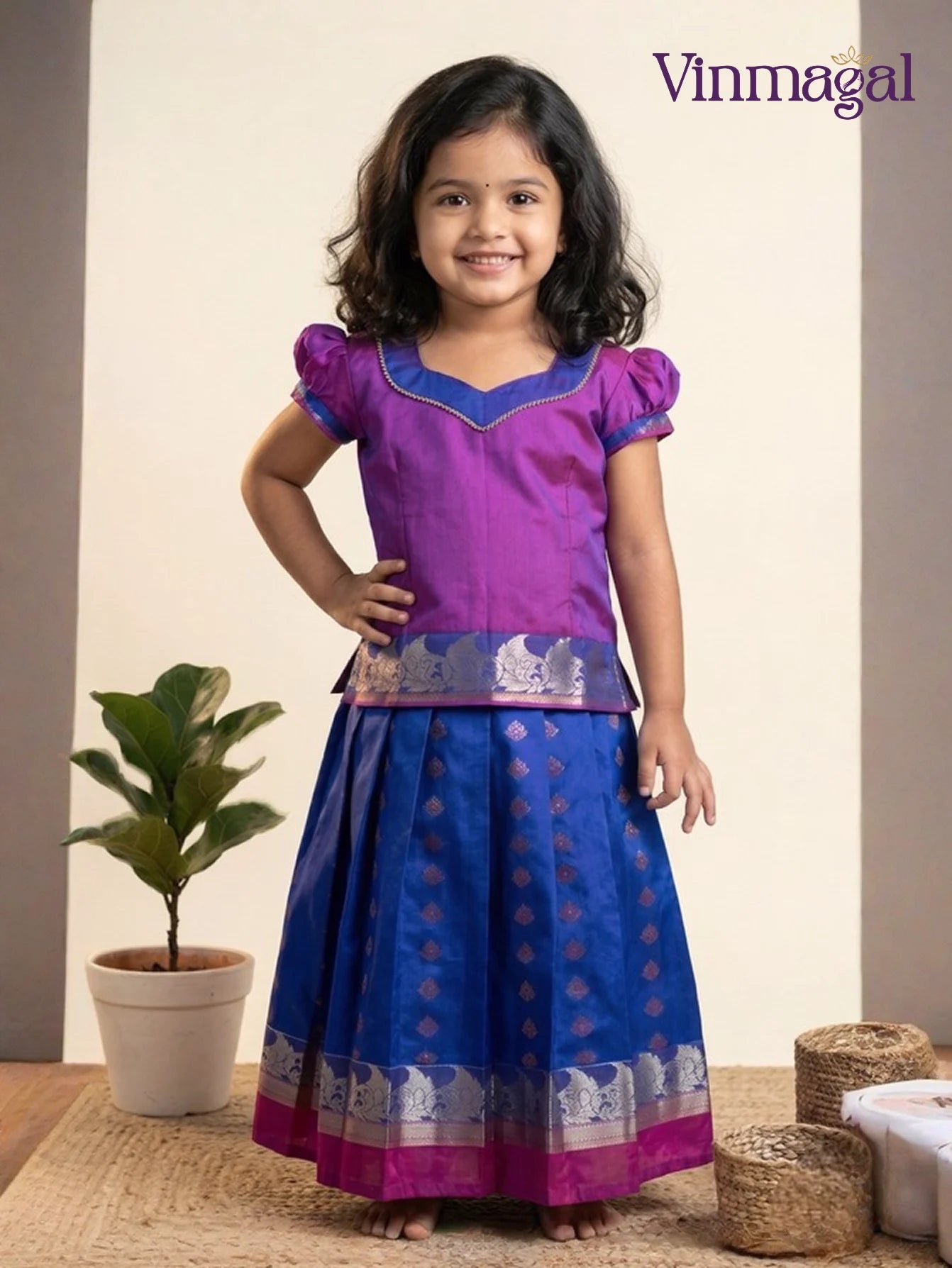 blue and purple soft silk pavadai set for girls with traditional skirt design