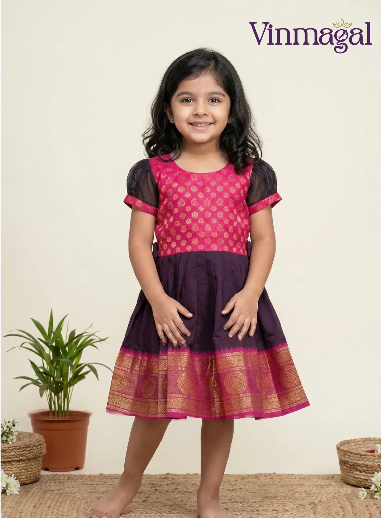 Brown and pink cotton frock for girls soft casual party wear kids dress
