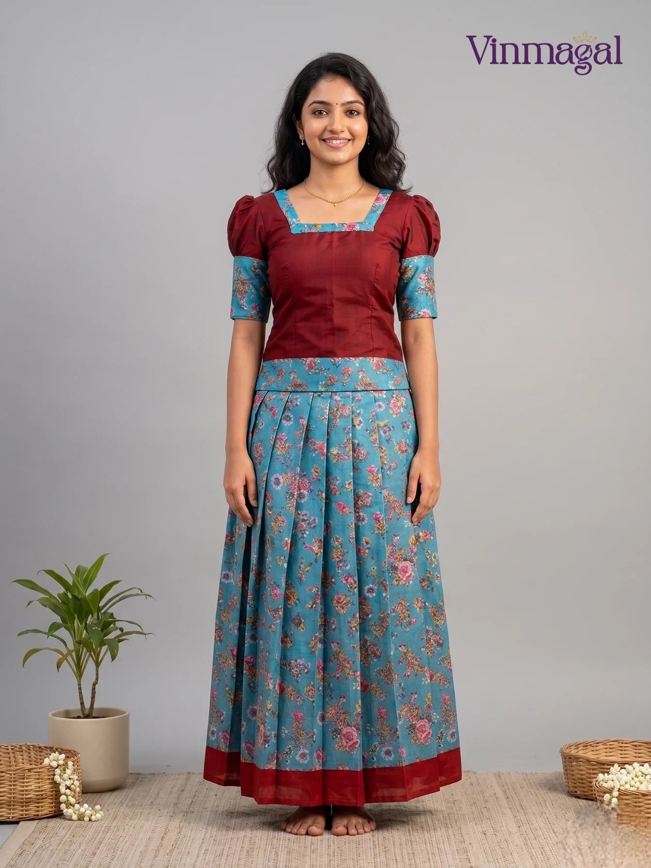 cotton floral pavadai sattai maroon teal blue girls