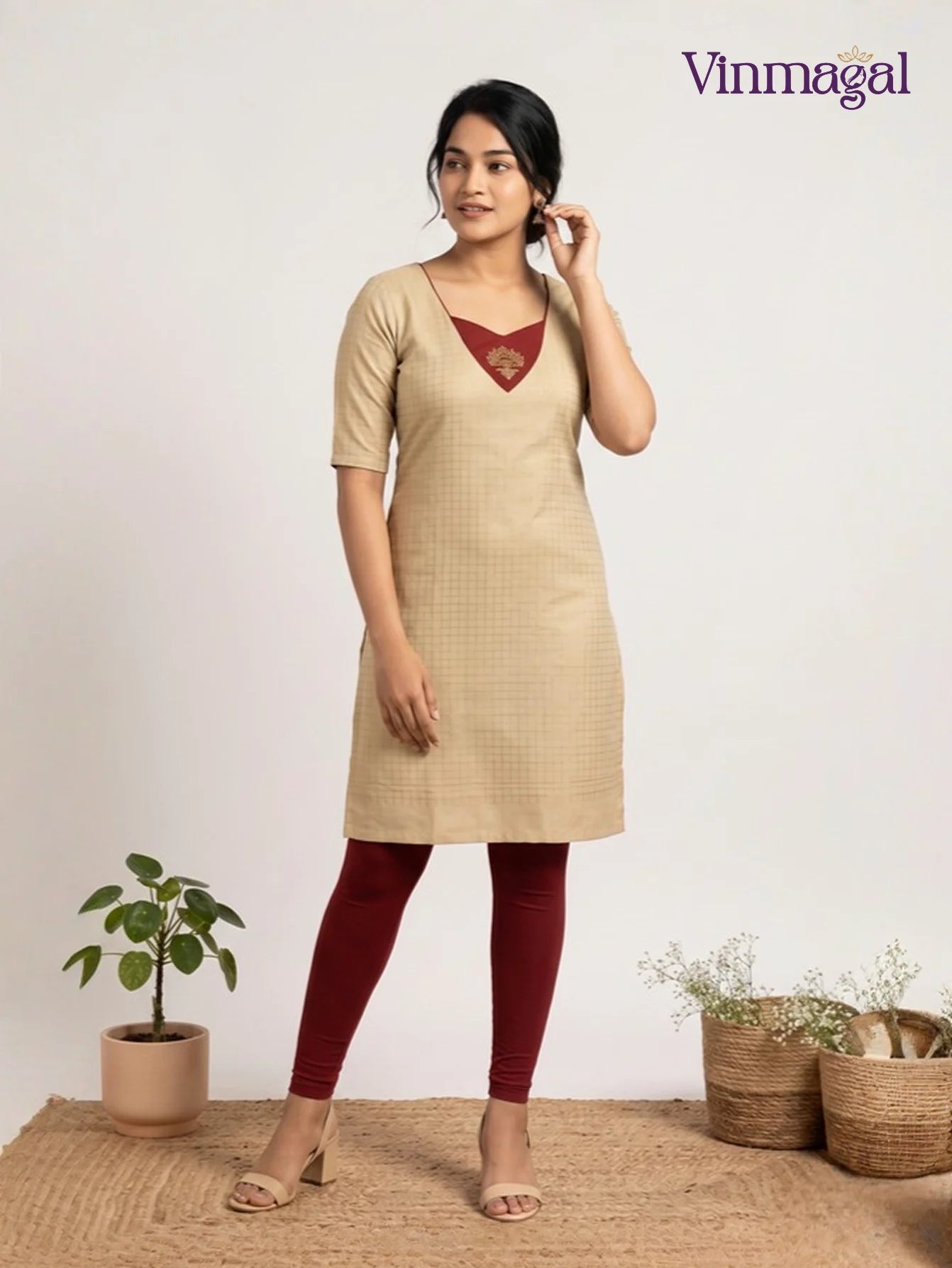 Cream and maroon silk kurti for women solid design