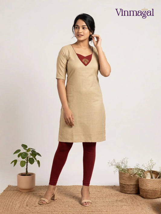 Cream and maroon silk kurti for women solid design
