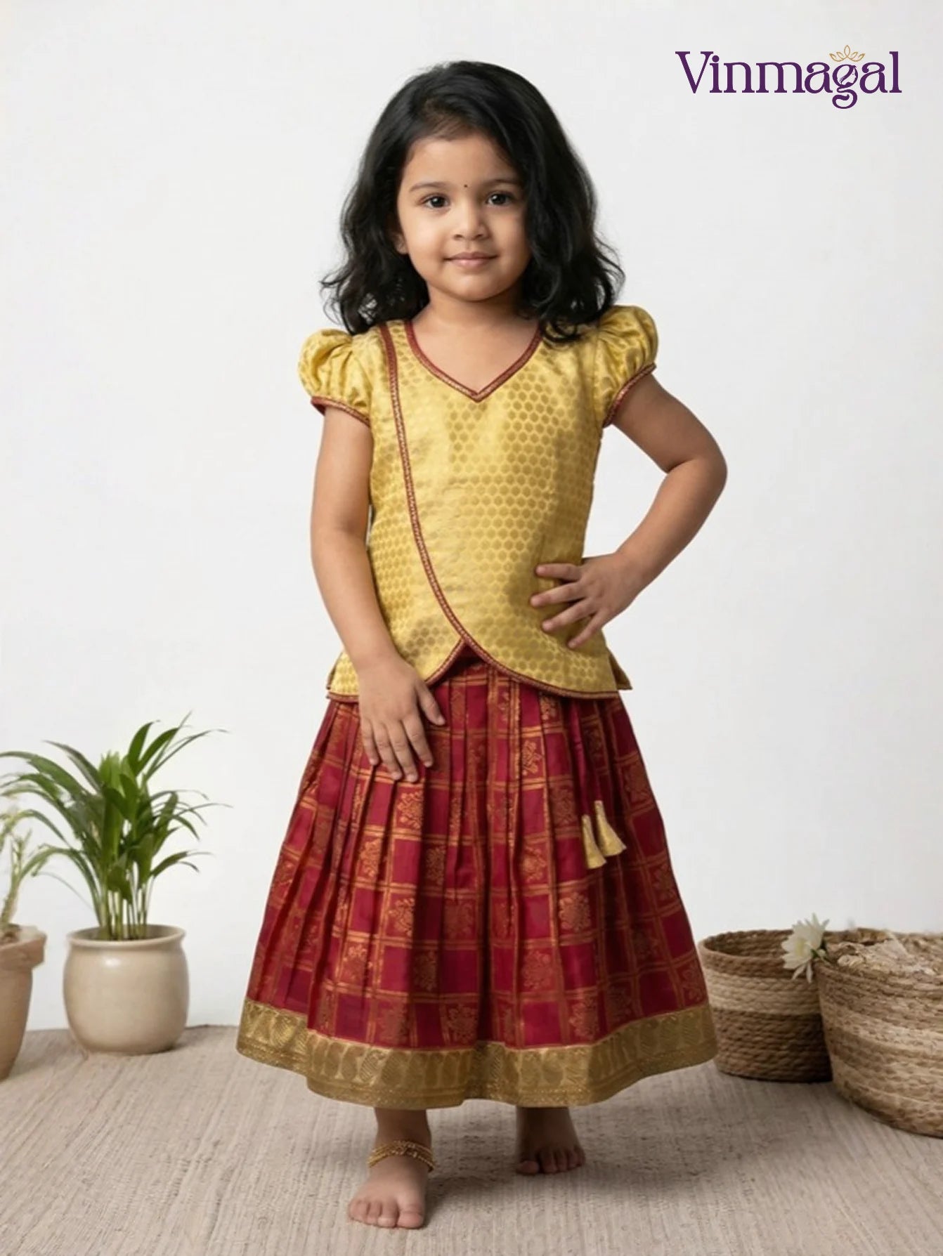 cream brocade top with maroon skirt for kids in traditional outfit set