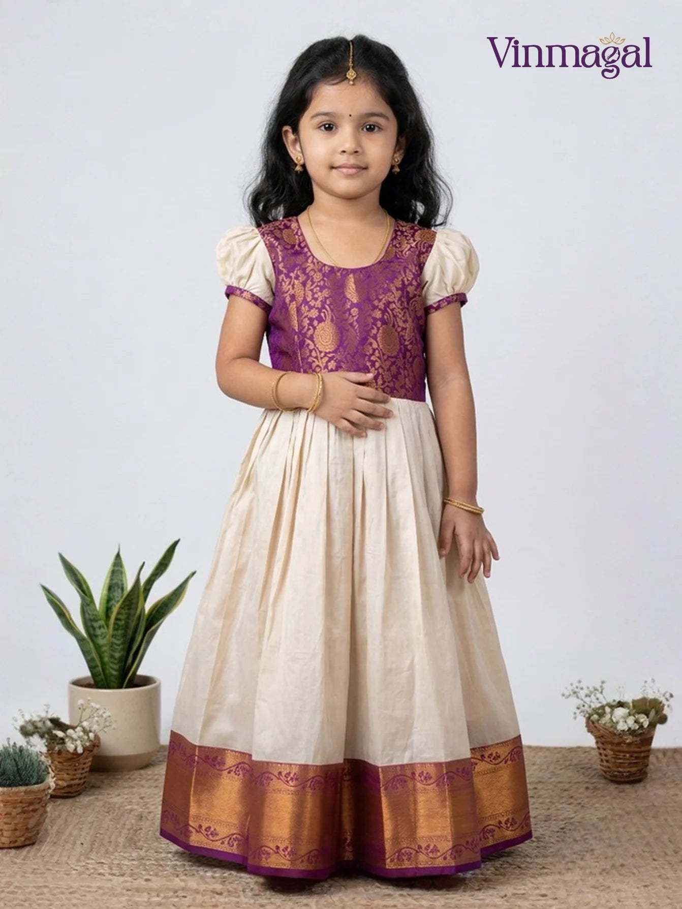 cream and magenta silk long gown for kids suitable for party occasions