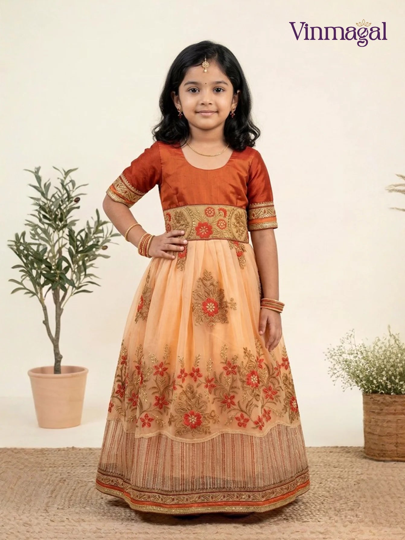 cream and orange long gown for kids suitable for party occasions