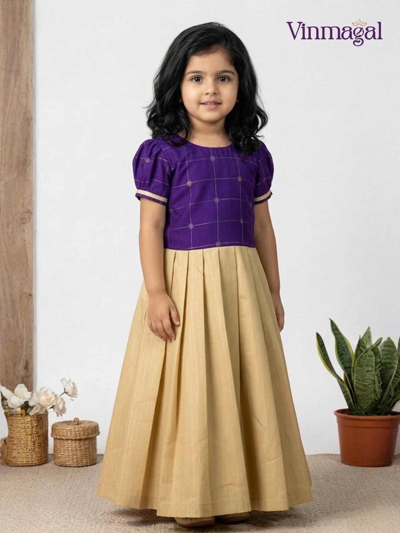 cream and violet raw silk skirt and top set for girls in traditional style