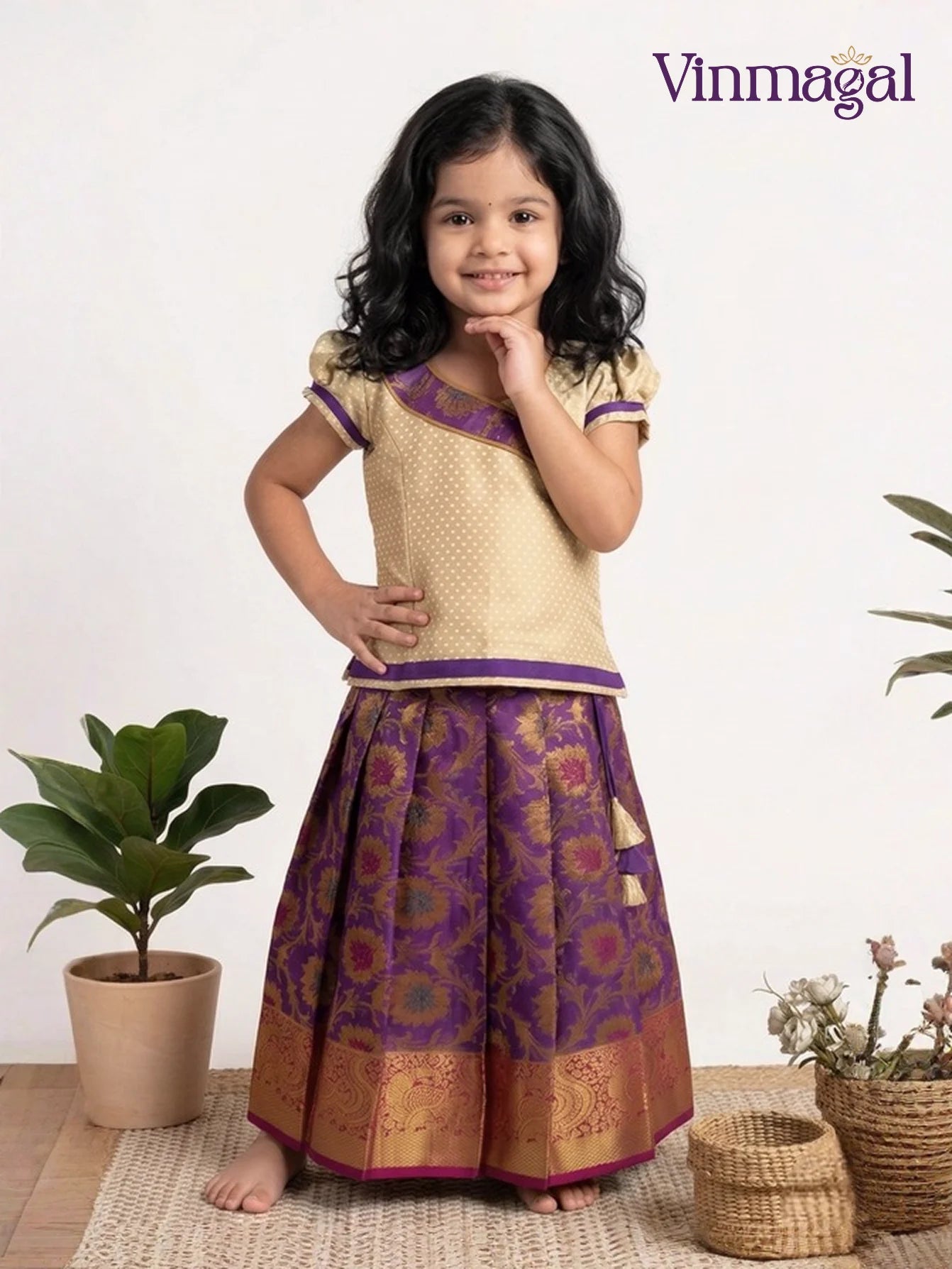 cream and violet pure silk pavadai set for girls with golden buttas and zari border