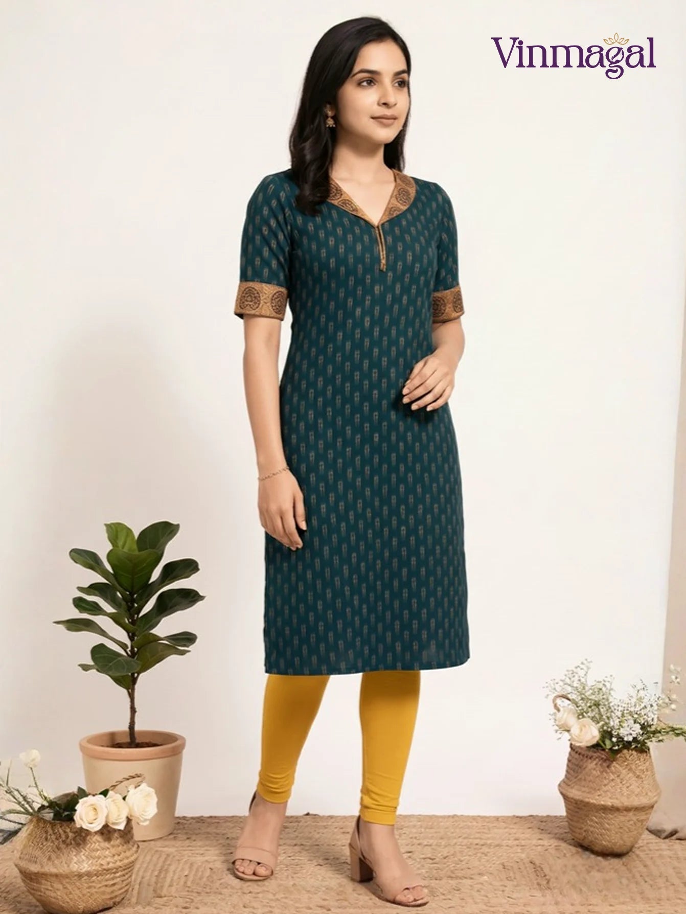 Dark green Ikkat cotton kurti for women with collared neck design