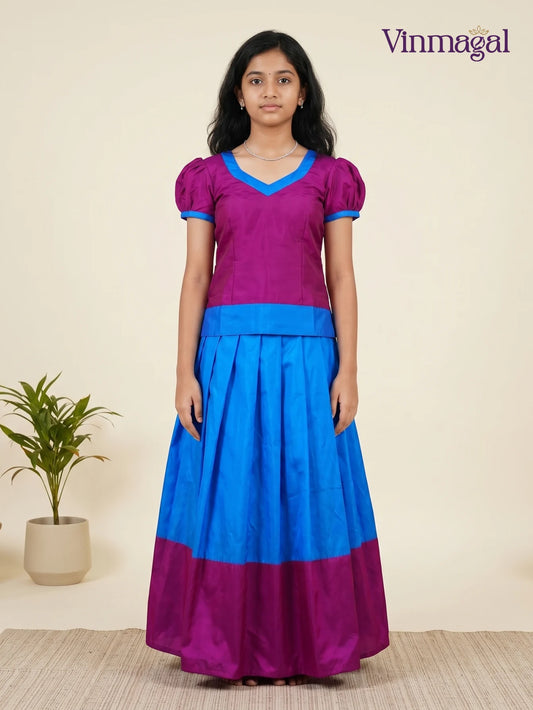 dark pink and blue pattu pavadai for girls traditional ethnic wear
