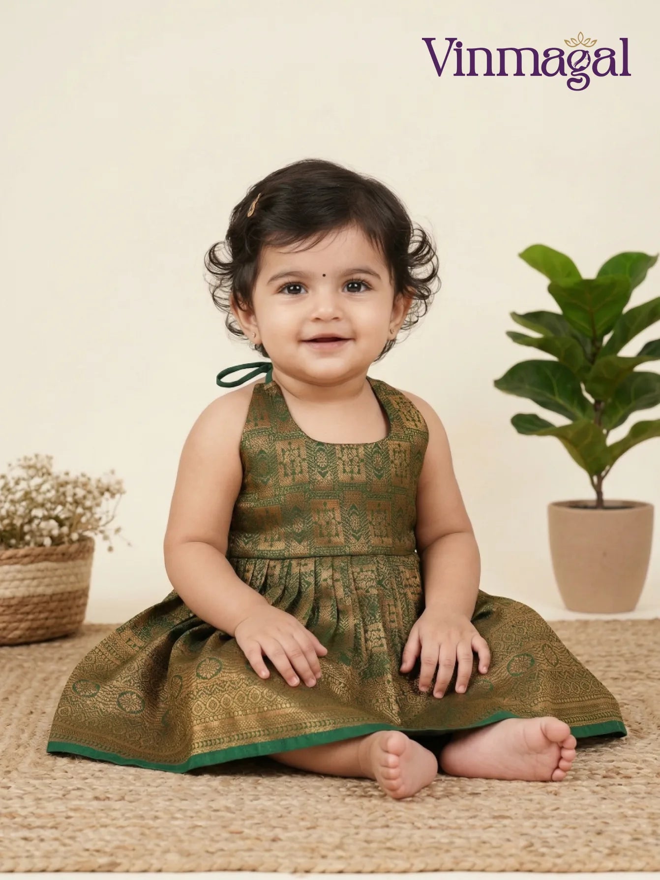 Golden and green silk frock for girls premium festive party wear dress