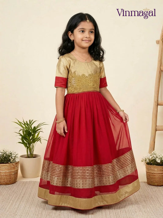golden and maroon long gown for kids suitable for festive and party occasions