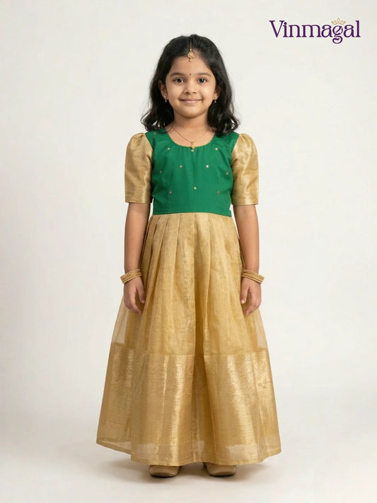 golden tissue silk long gown for girls suitable for festive and party wear