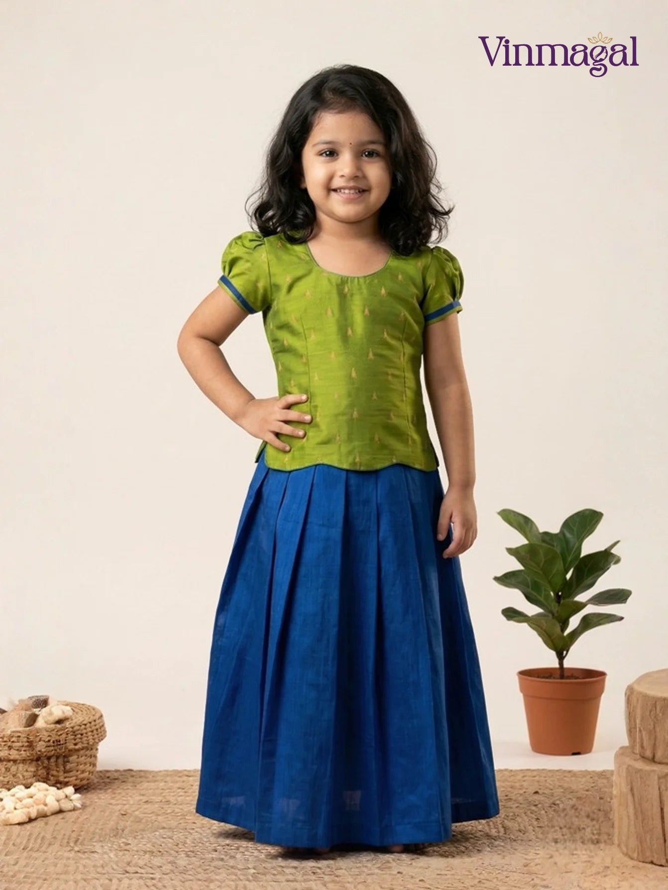 green and blue silk cotton pavadai set for girls