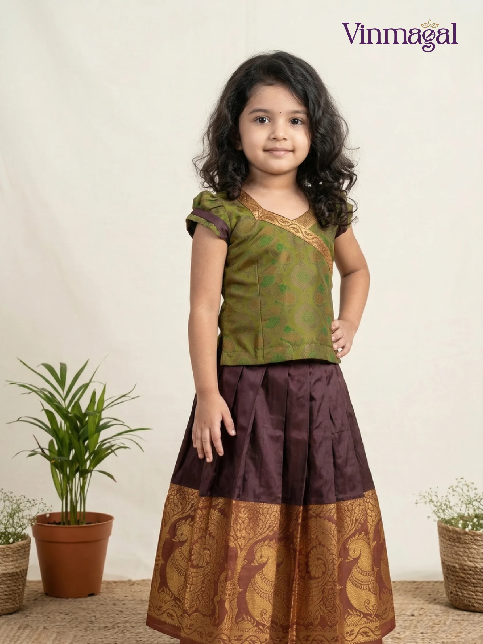 Green and brown pure silk pavadai for kids traditional pattu skirt set with designer neck work