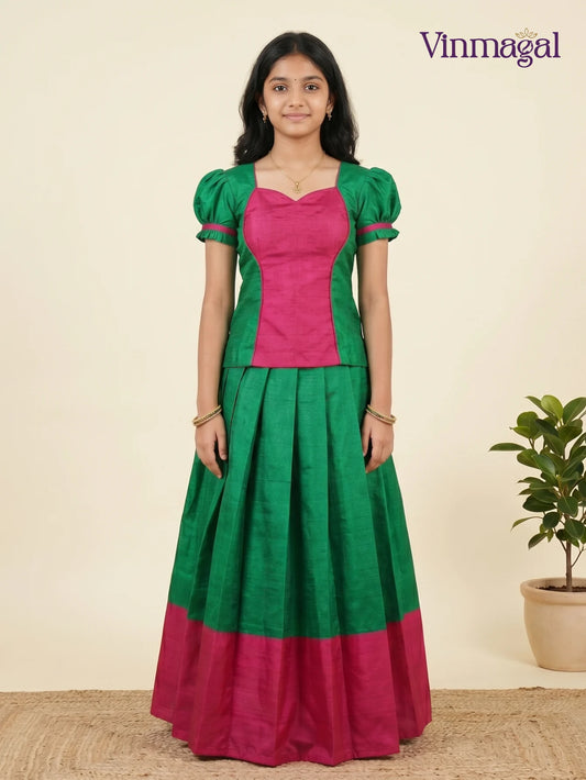green and dark pink pattu pavadai for girls traditional ethnic wear