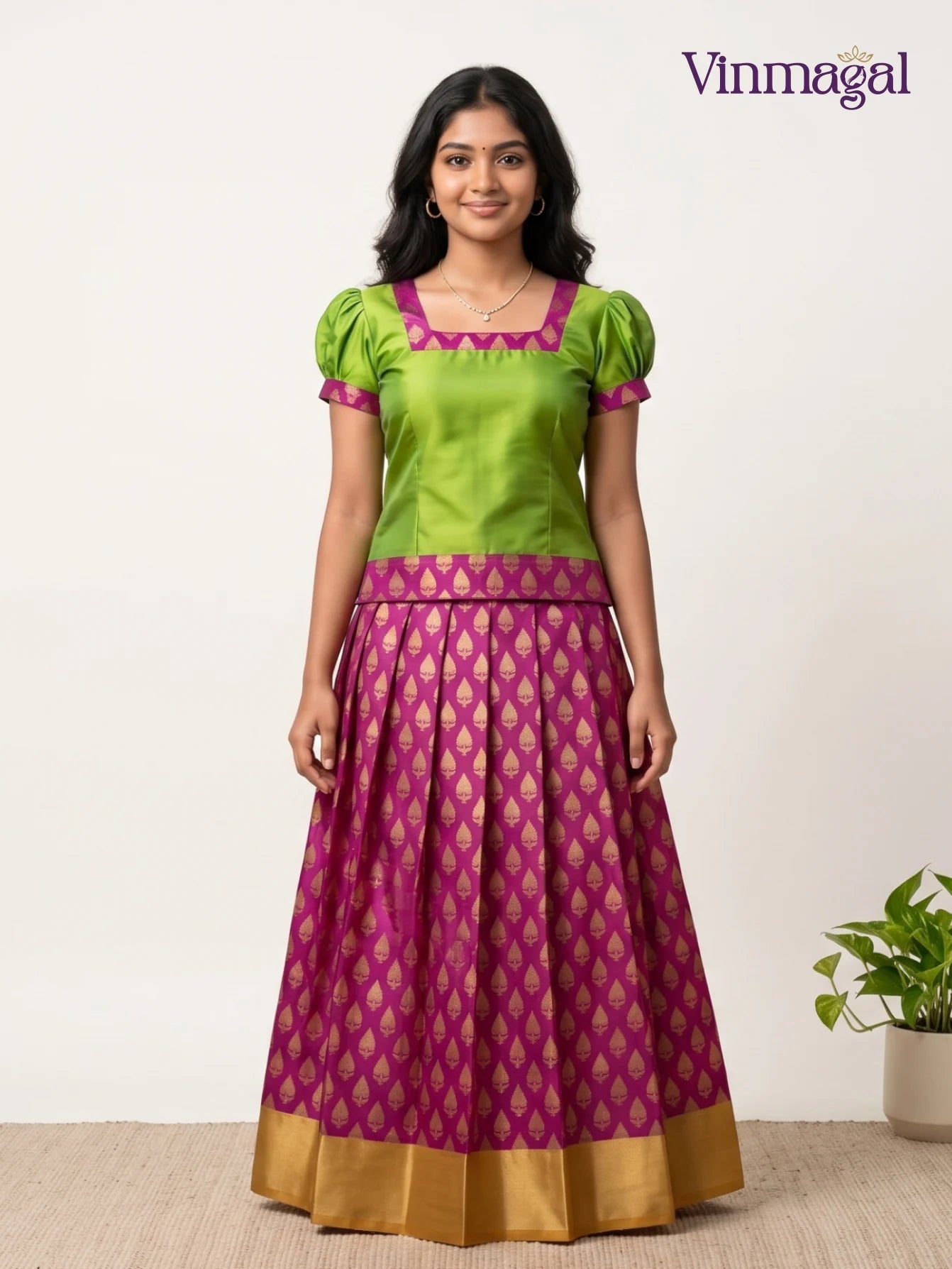 green and dark pink semi silk pattu pavadai for girls traditional wear
