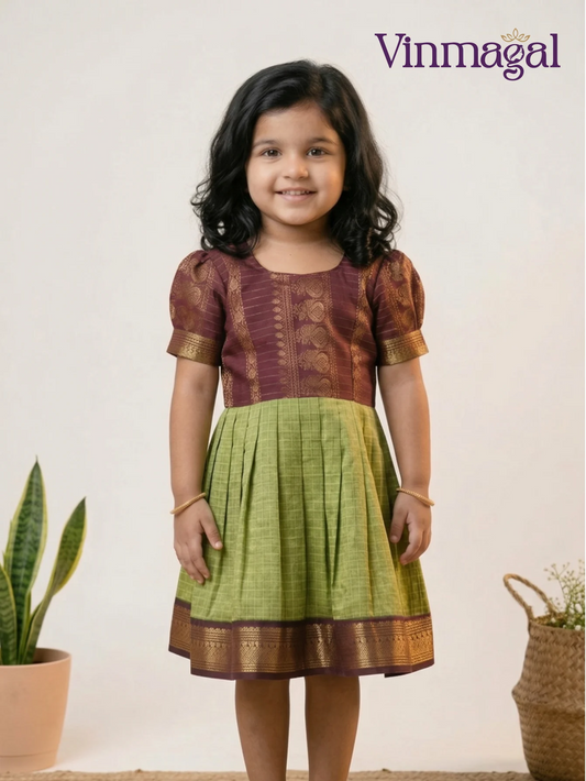 Green and maroon cotton frock for girls soft traditional daily wear kids dress