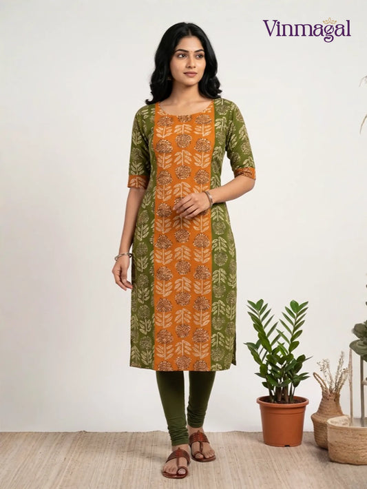 Green and orange cotton kurti for women solid design