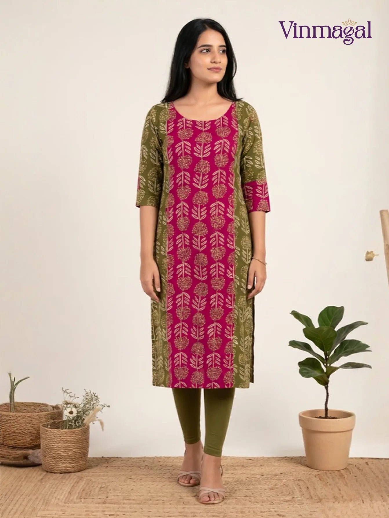 Green and pink cotton kurti for women solid design