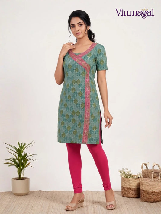 Green and pink pure cotton printed kurti for women casual wear design
