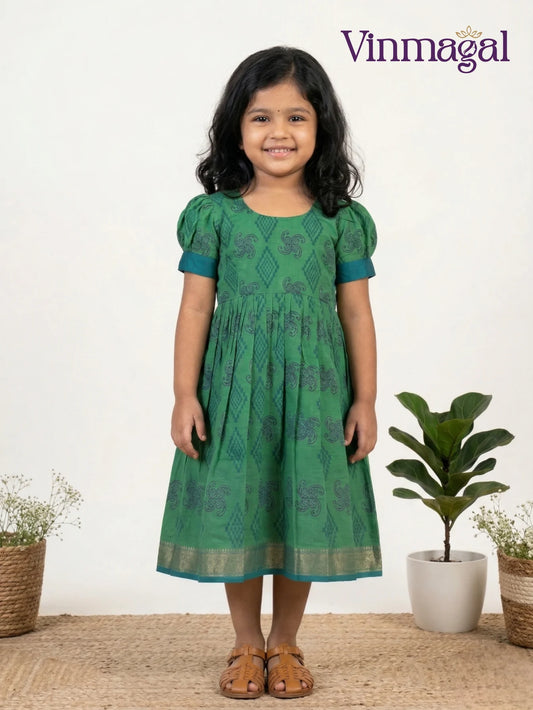 Green printed cotton frock for girls soft breathable daily wear dress