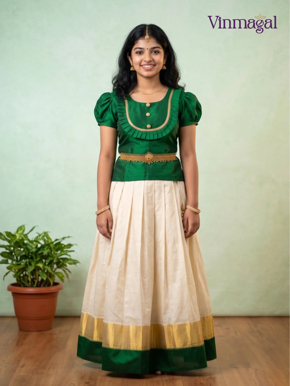 Green top and cream Kerala pattu pavadai with gold and green border for girls traditional South Indian ethnic outfit for Onam Vishu weddings and festive occasions