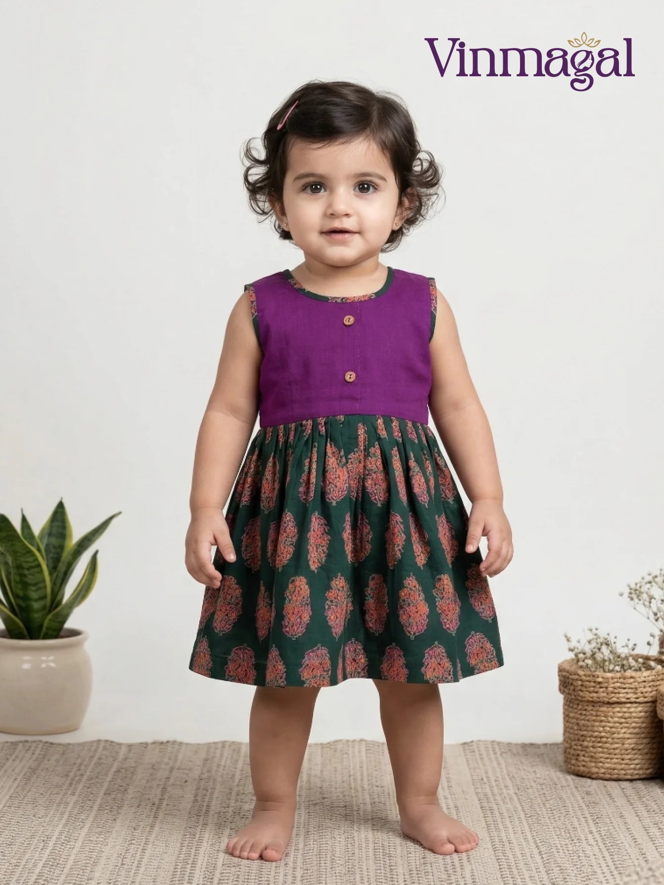 Green and violet cotton frock for girls soft comfortable daily party wear kids dress