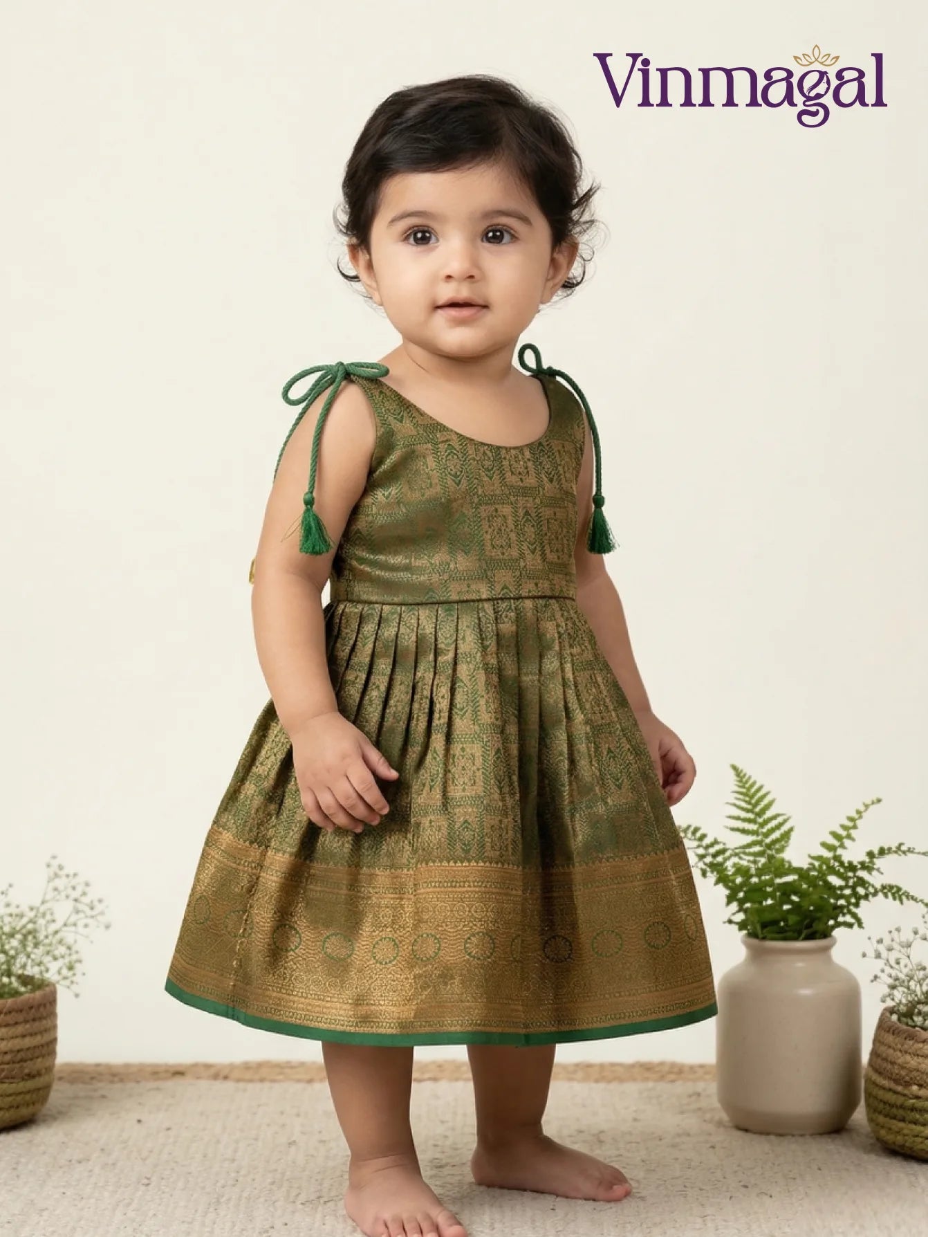 green and golden silk frock for kids suitable for festive occasions