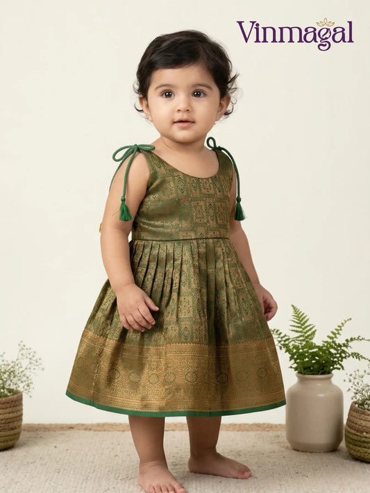 green and golden silk frock for kids suitable for festive occasions