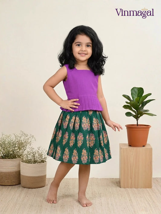 green and magenta soft cotton skirt and top set for girls