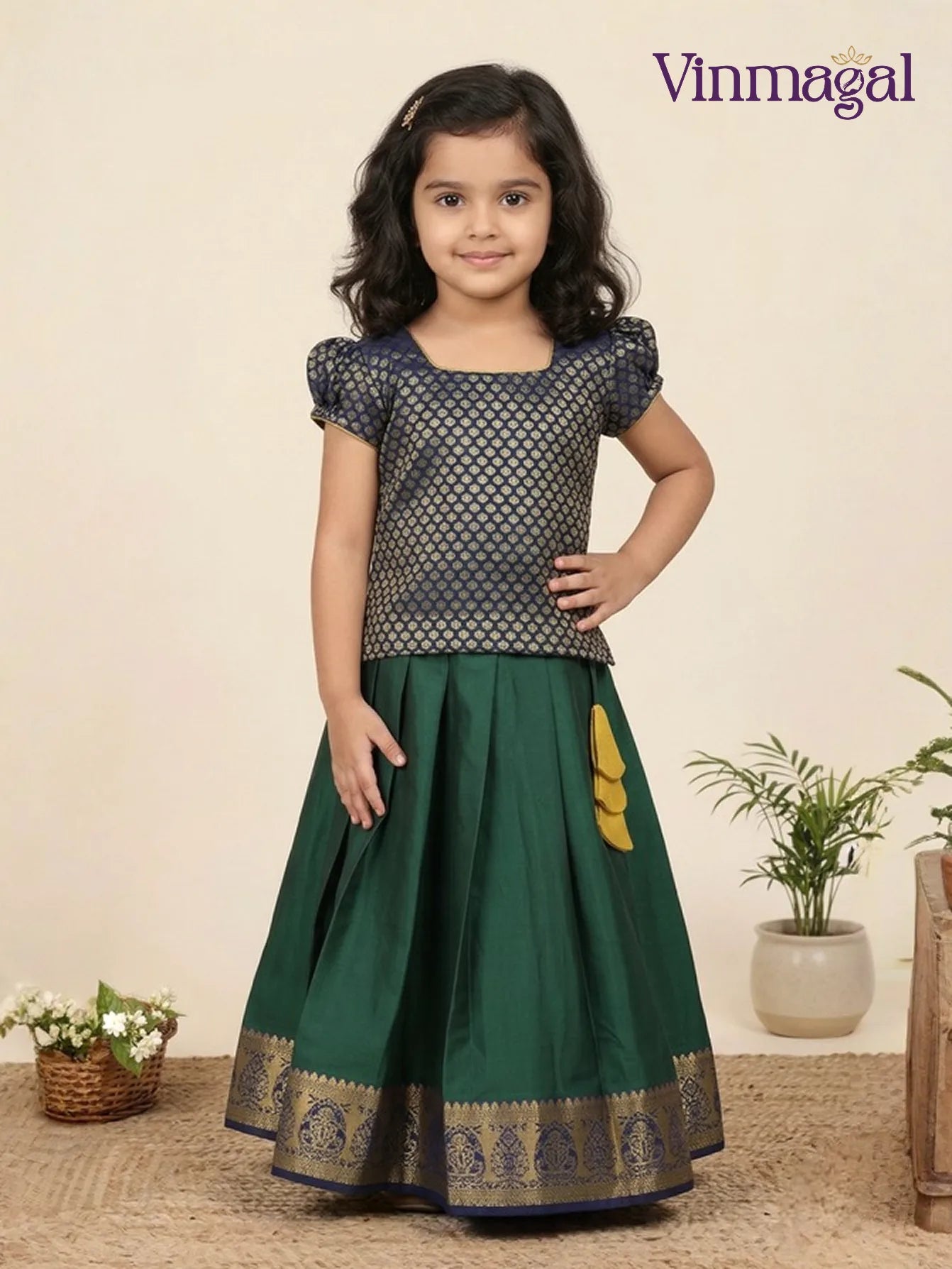 green and navy blue soft silk pavadai set for kids with skirt design
