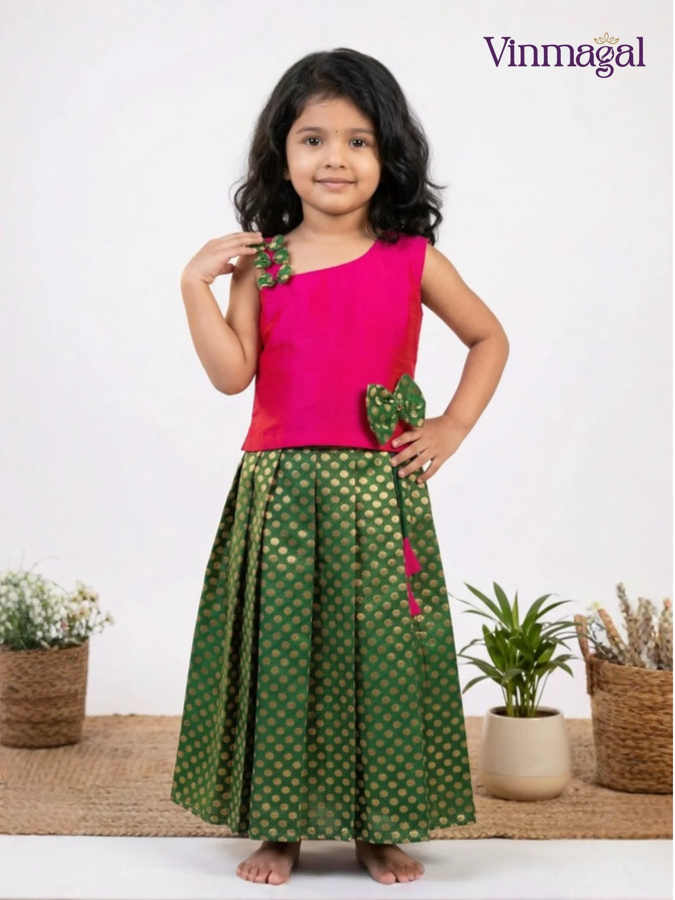 green and pink kids langa set with butta skirt and shoulder bow top