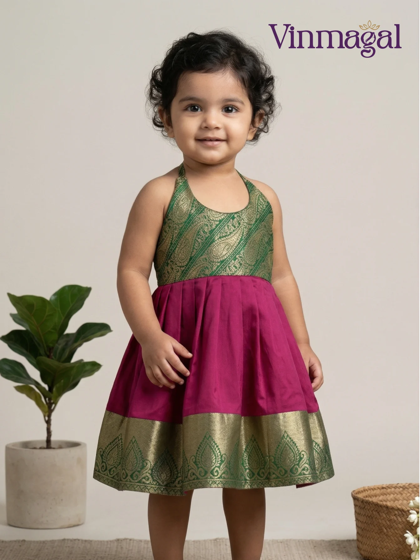 green and pink silk frock for girls designed for party wear