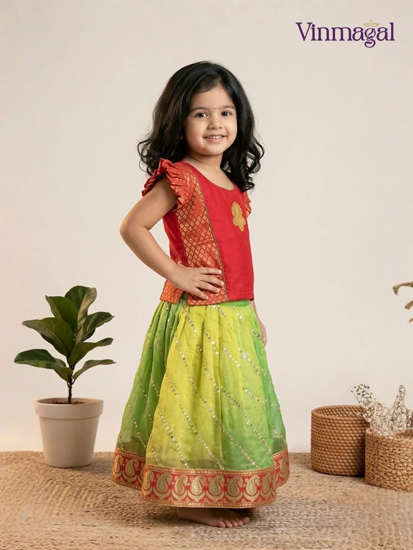 green and red organza langa with banarasi top for kids with flared skirt design