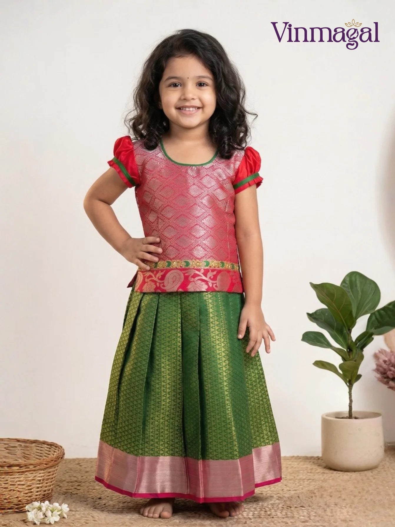 green and red silk pavadai skirt and blouse set for girls