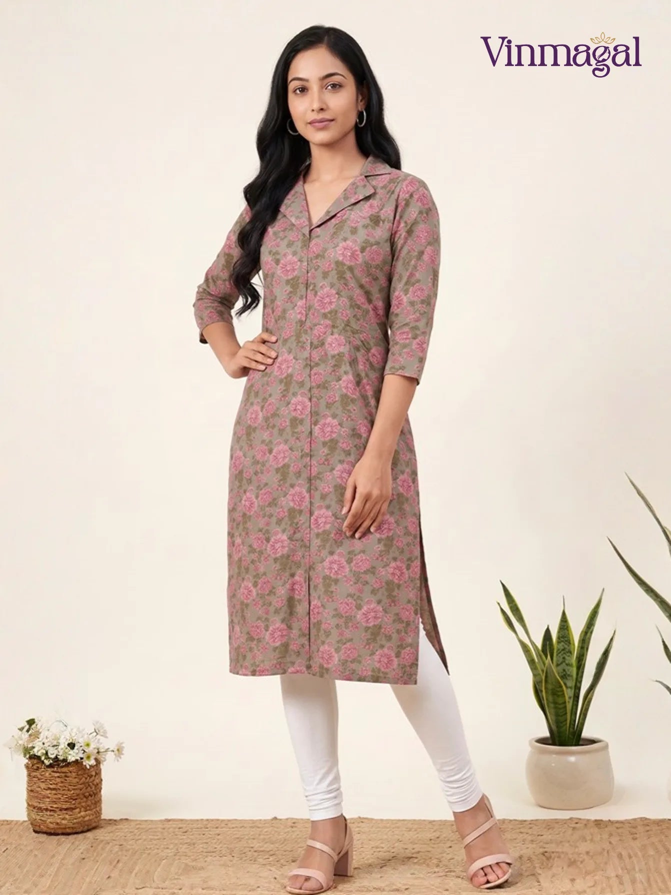 Grey and pink cotton kurti for women solid design