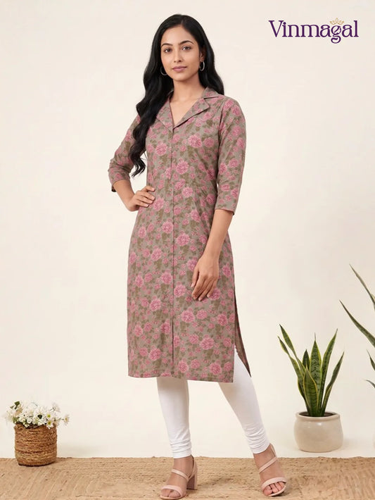 Grey and pink cotton kurti for women solid design